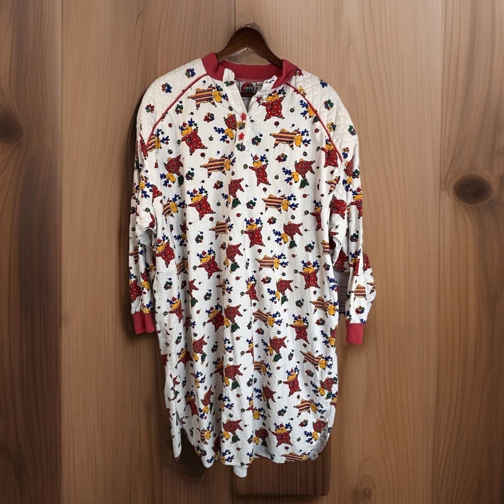 Vintage 1970s Kitch Reindeer Pajamas L Night Shirt Unisex Christmas‎ 100% Cotton